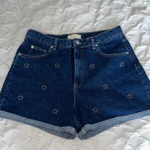Blue Jean Shorts with Star Embroidery and Cuffed Hems